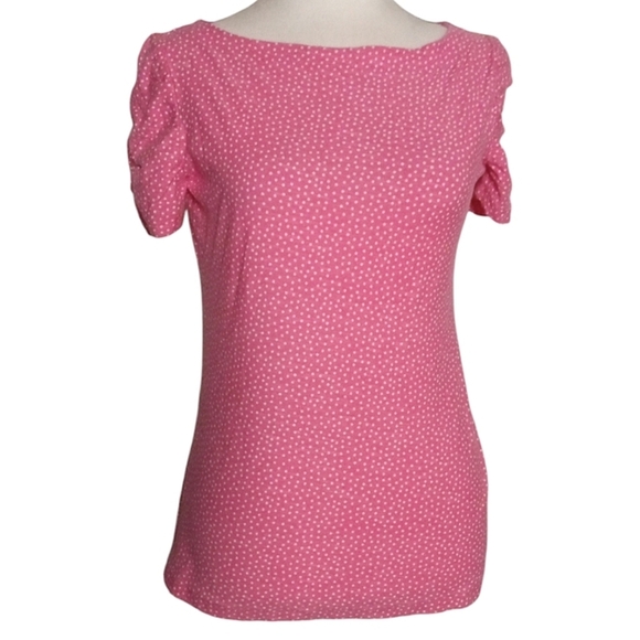 Lilly Pulitzer Pink White Polka Dot Cotton Tshirt Ruched Sleeve Size Medium - Picture 1 of 8